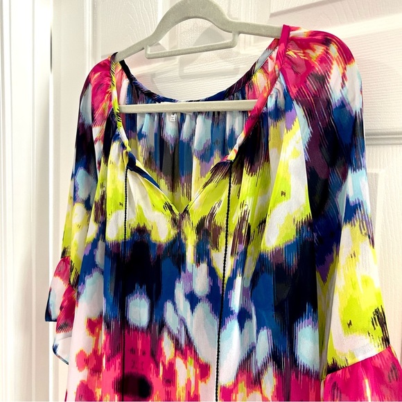 Milly Sheer Colorful Tie Dye Watercolor Blouse Sz XL Peasant Boho Flounce Ties - Picture 5 of 10